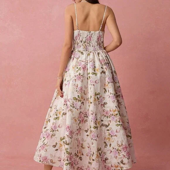 White Boho Women's Romantic Vacation Floral Print Spaghetti Strap A-Line Long Dr - Picture 7 of 7